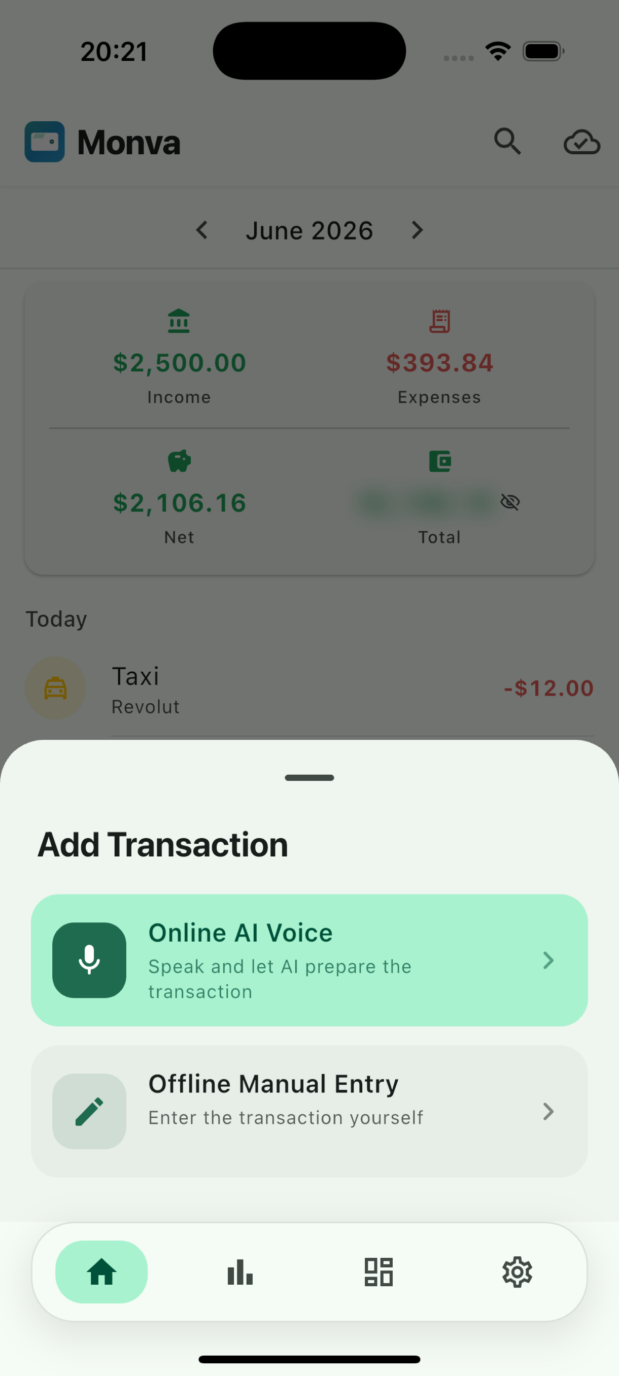 Add a transaction by voice or manually