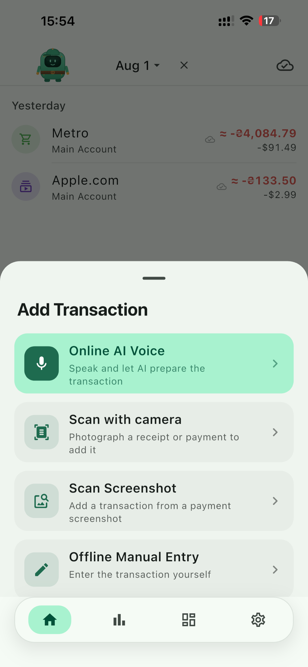 Add a transaction by voice, camera, screenshot or manually