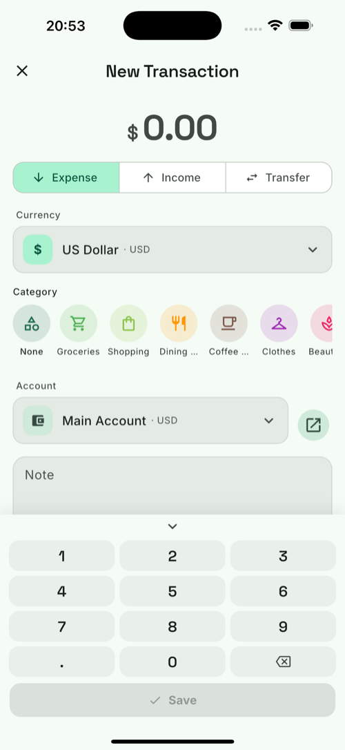 Add a transaction by voice, camera, screenshot or manually