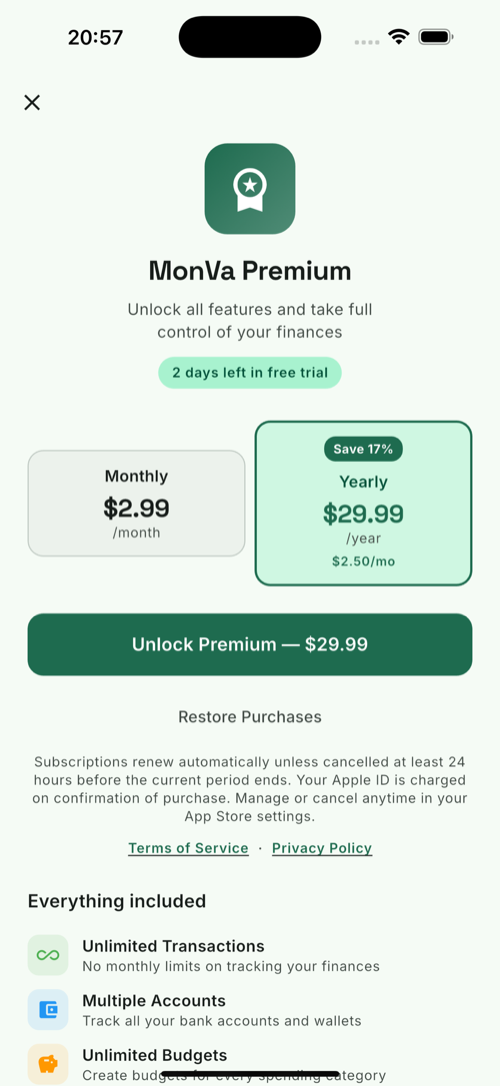 MonVa Premium — simple monthly or yearly pricing